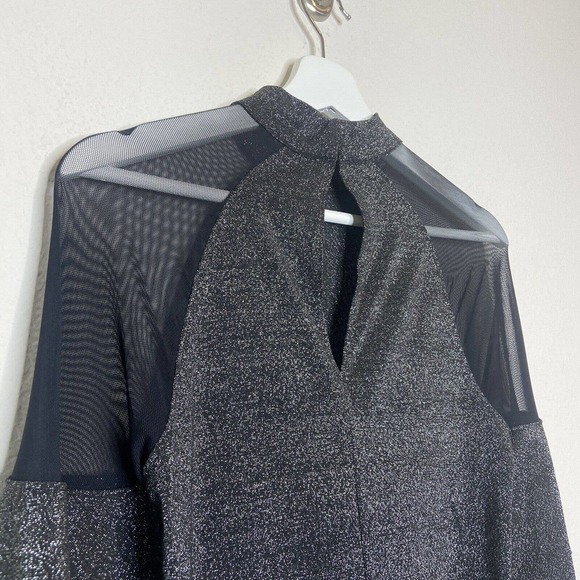 BCBGeneration Tiered Sleeve Mesh Panel Black Metallic Sparkle Dress XS NWT - Picture 8 of 11